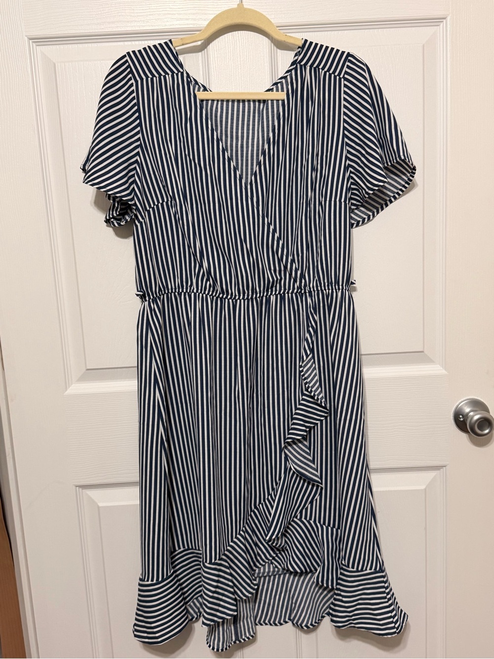 Girls Navy and White Striped Wrap-Style Dress